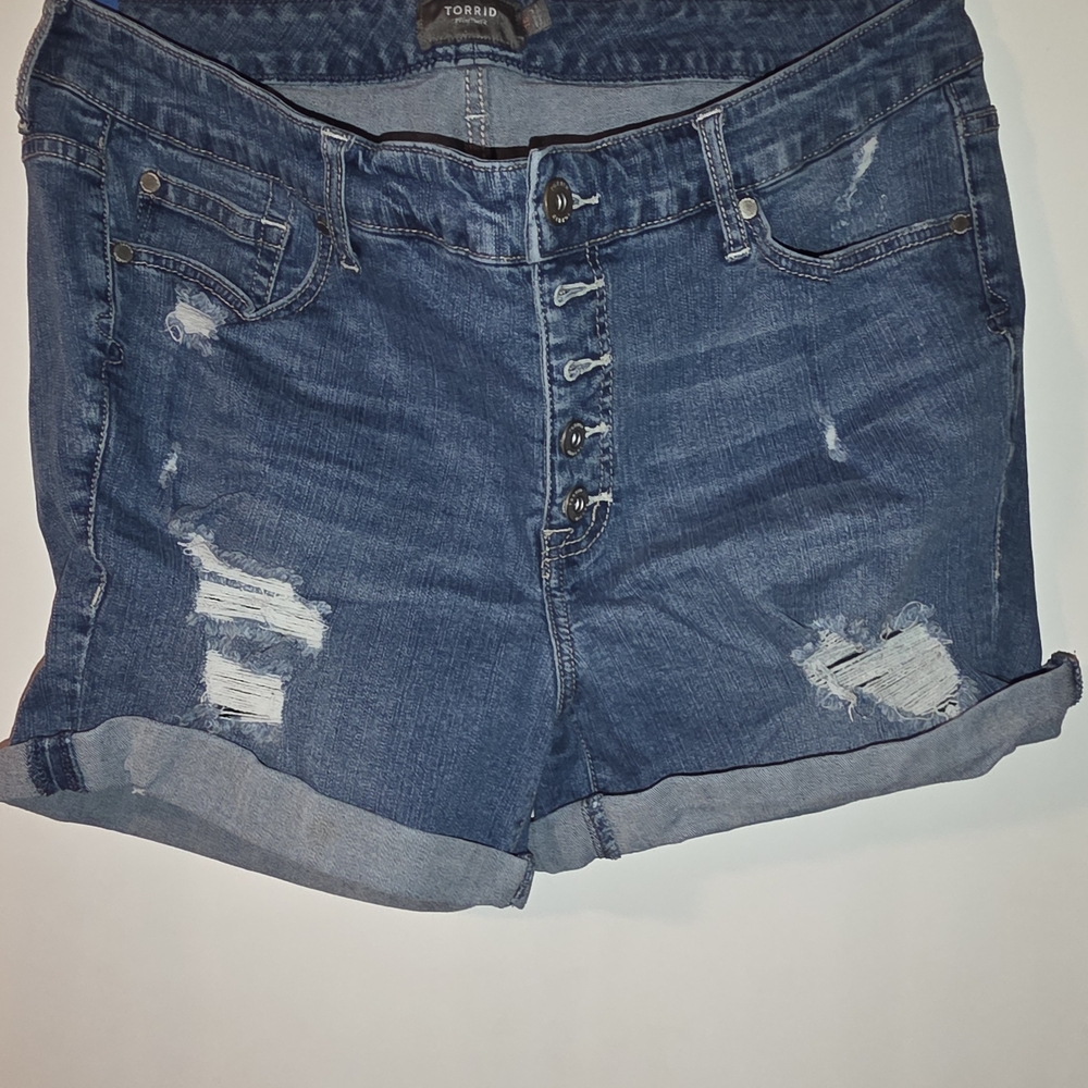 torrid Dark Blue Distressed Roll-Cuff Denim Shorts